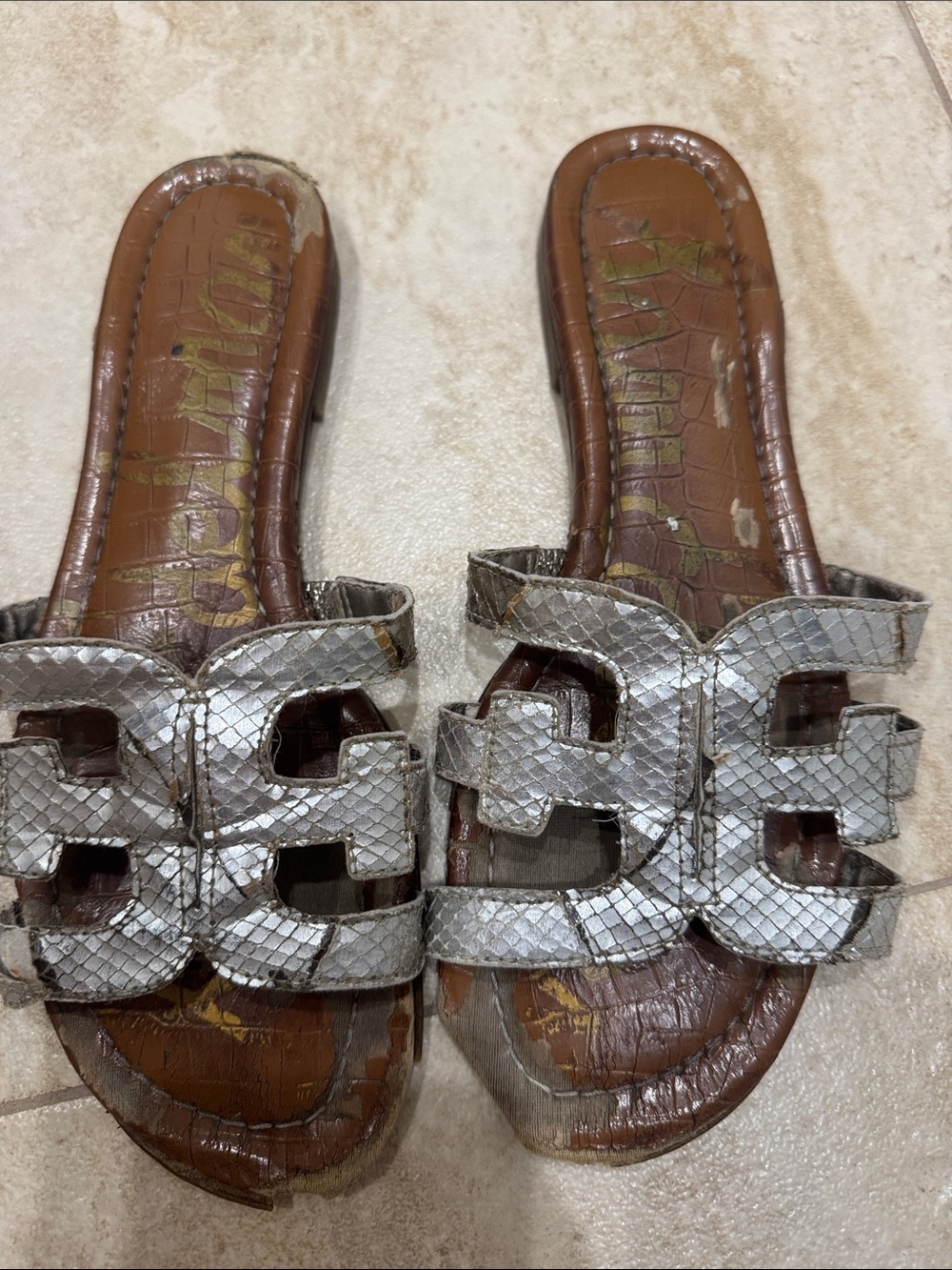 Sam Edelman Silver Snake-Effect Slide Sandals